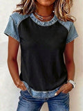 Women's Retro Denim Patchwork Short-Sleeve Shirt – Loose Fit