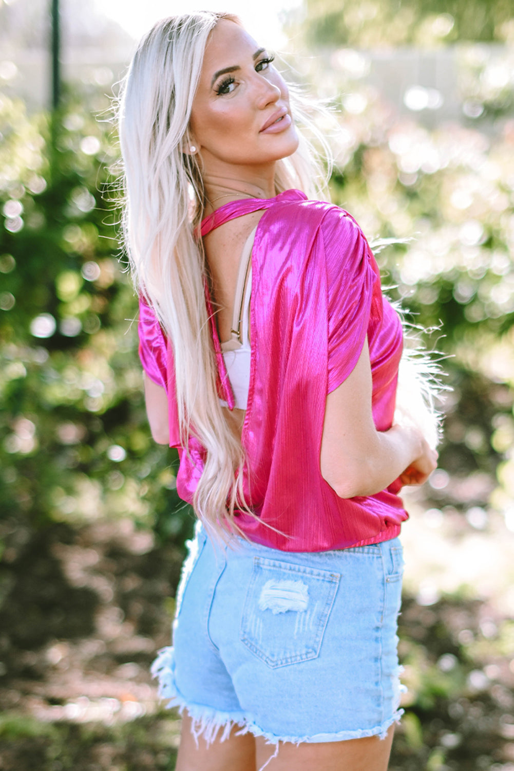 Metallic Bow Tie Ruched Sleeve Backless Blouse