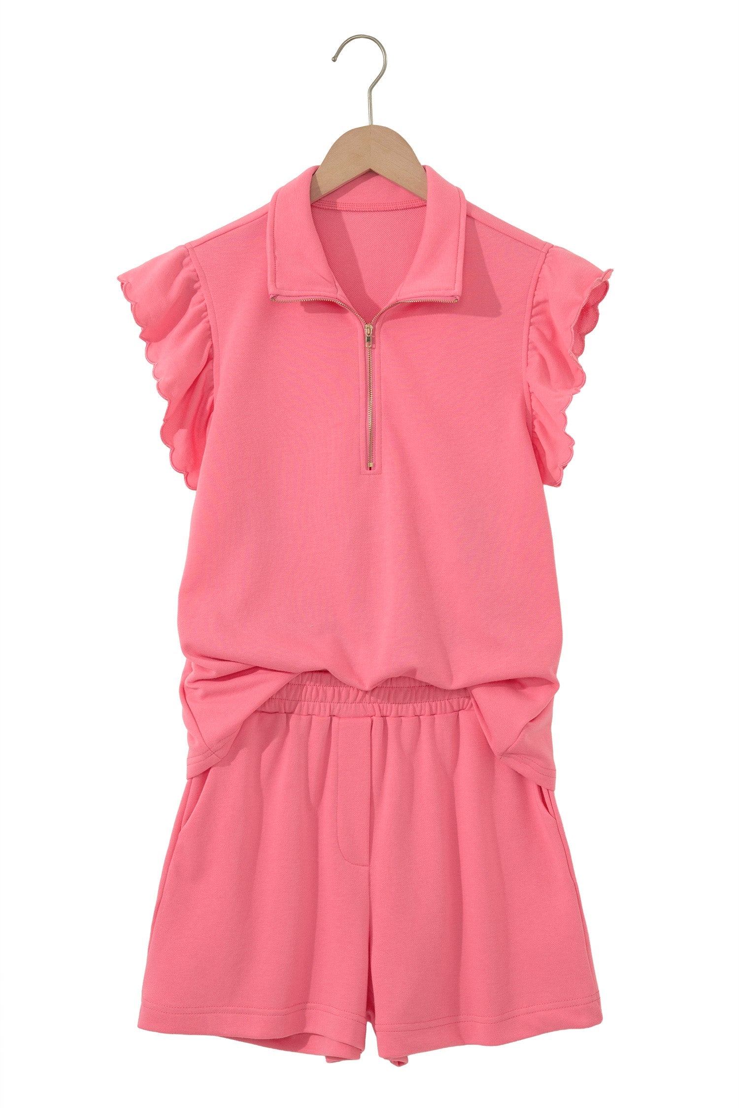 Solid Scalloped Ruffle Half Zip Top & Short Set
