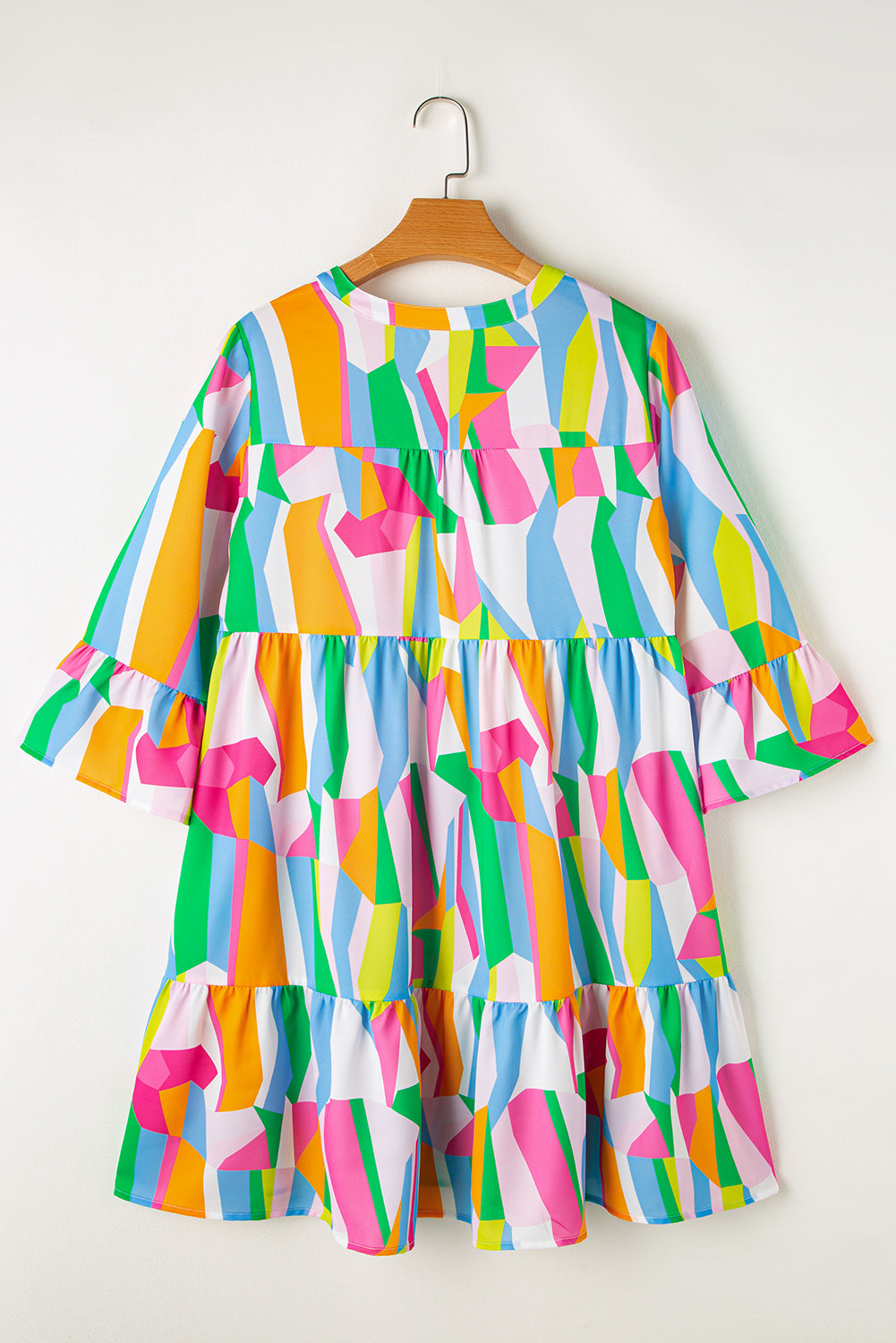Abstract Ruffle Sleeve Notched V-Neck Dress