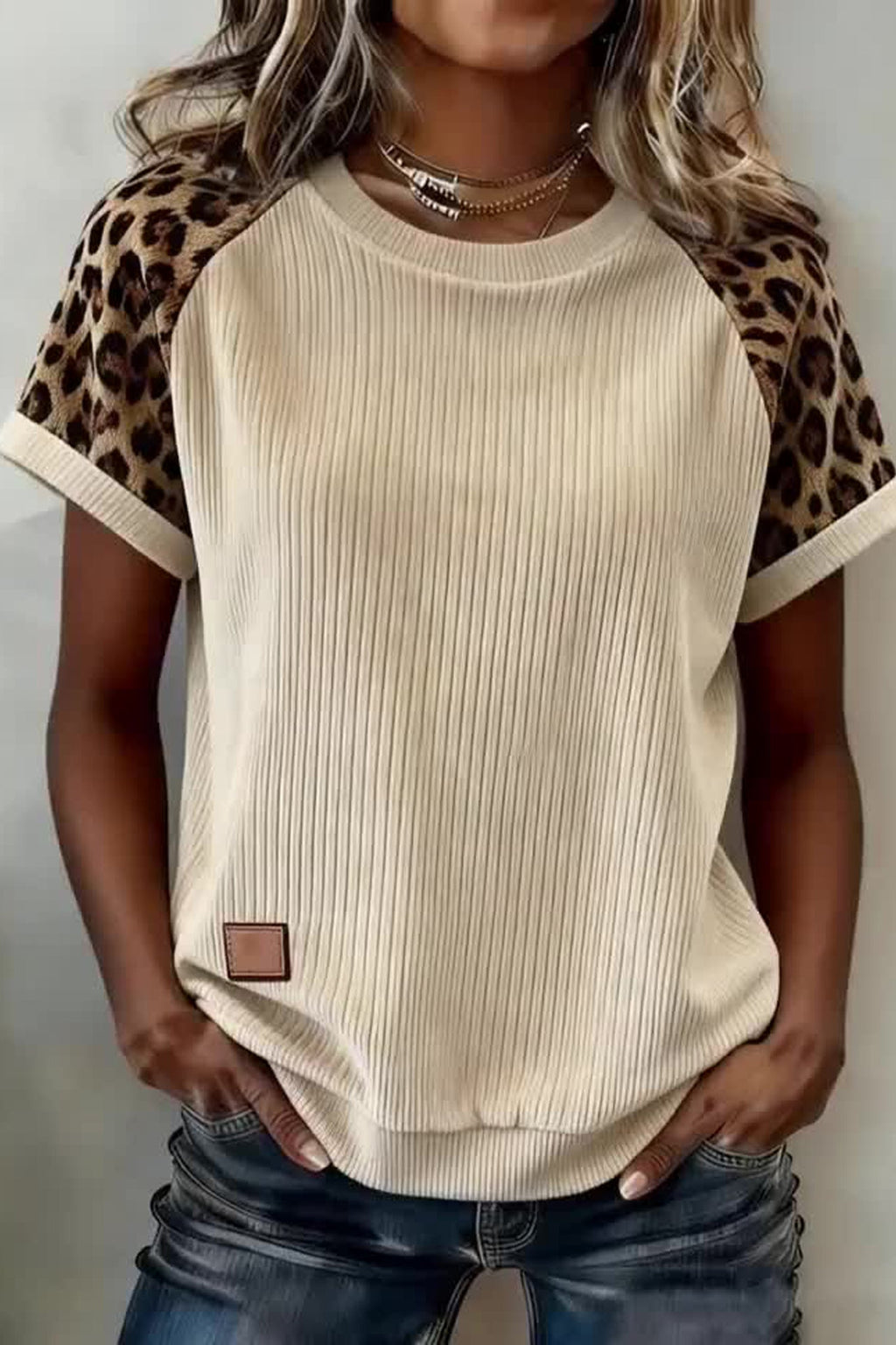 Leopard Colorblock Ribbed Raglan Short Sleeve Tee