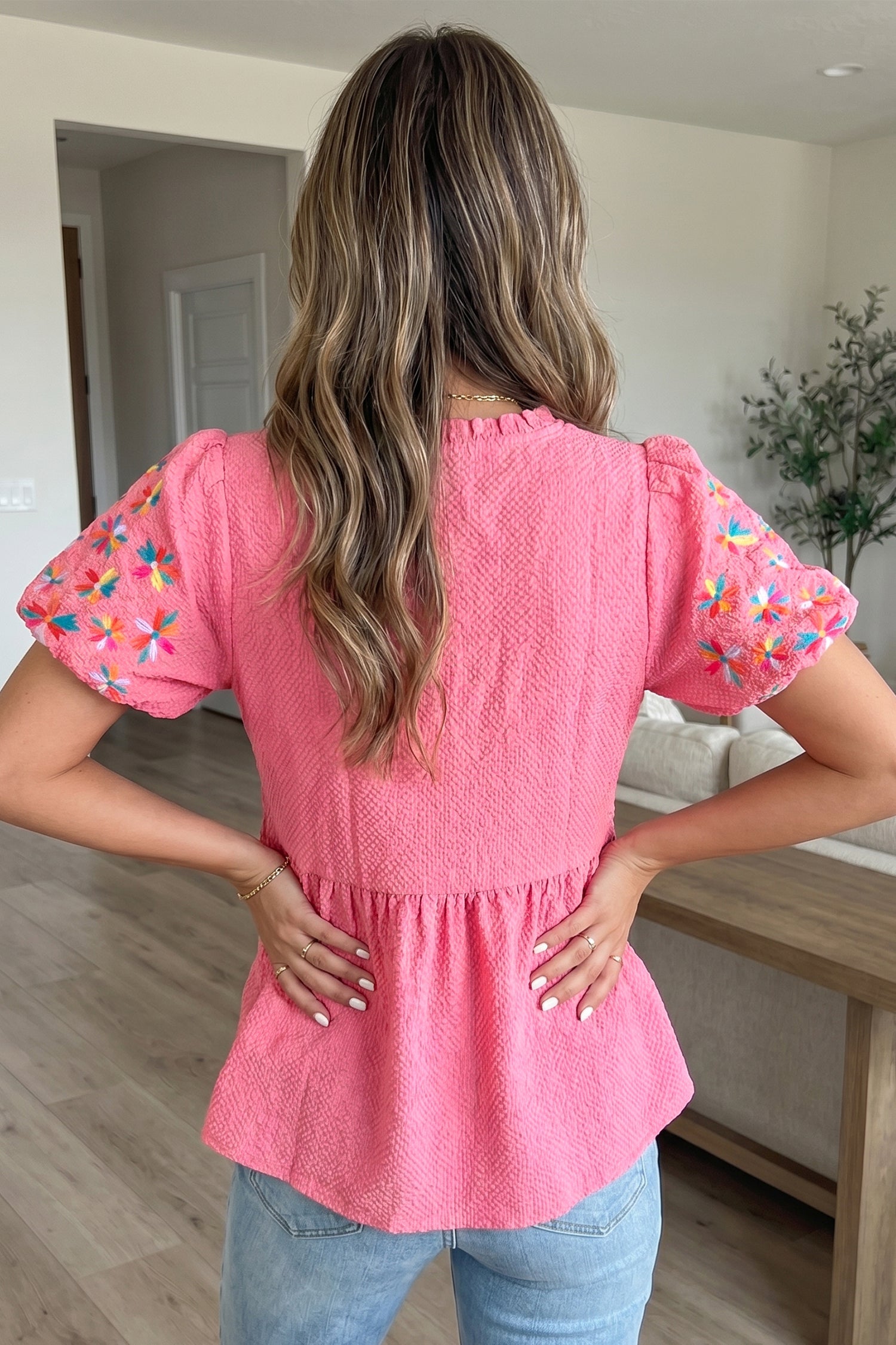 Flower Embroidered Puff Sleeve Frilled V-Neck Blouse