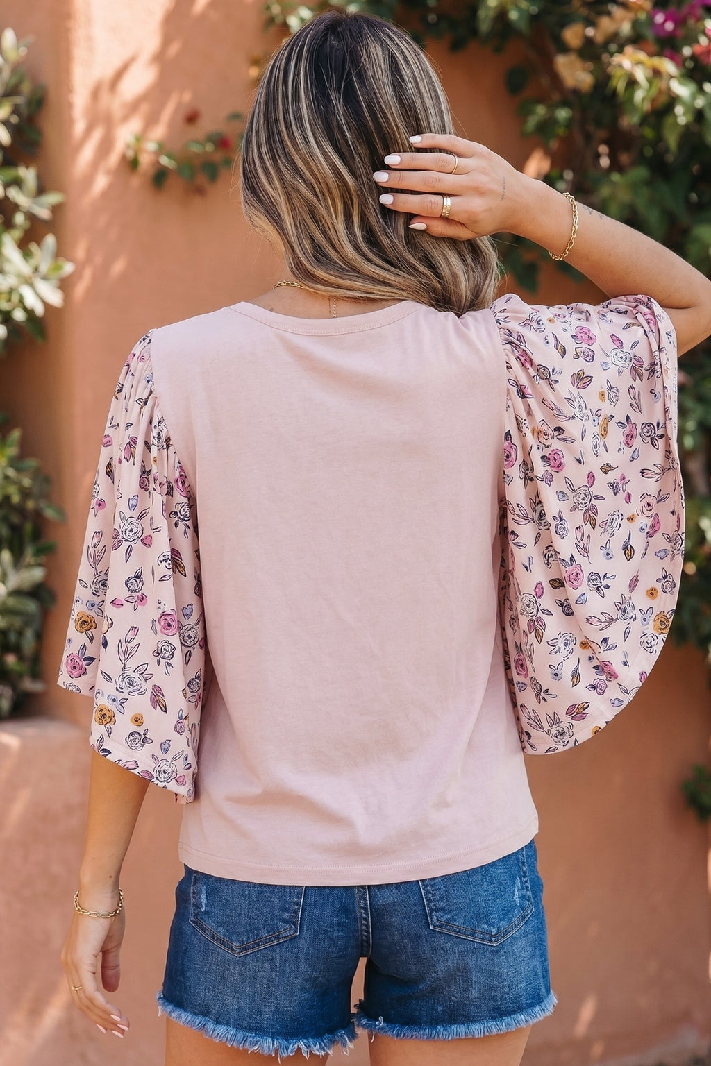 Floral Contrast Patchwork Flowy 3/4 Sleeve Blouse