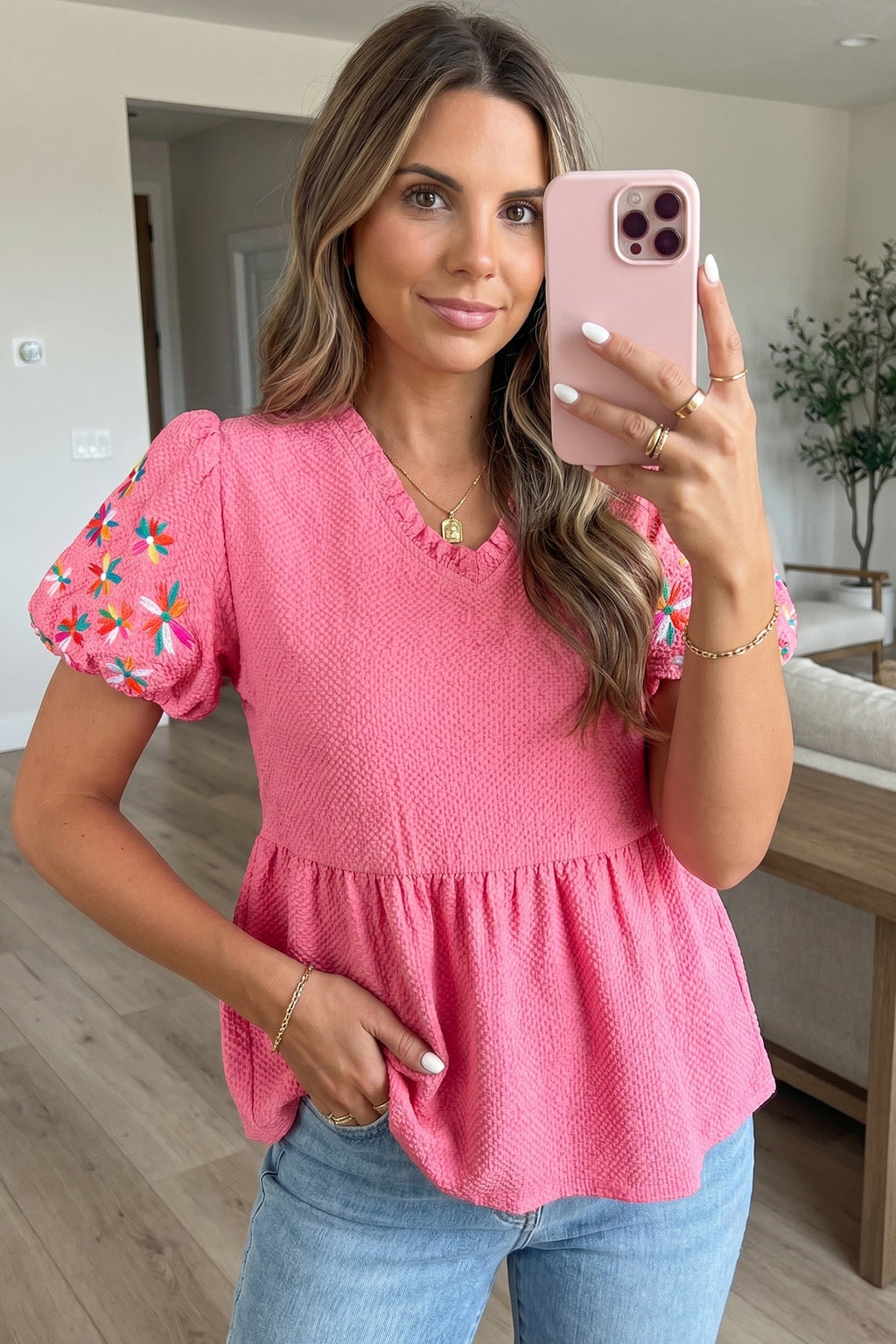 Flower Embroidered Puff Sleeve Frilled V-Neck Blouse