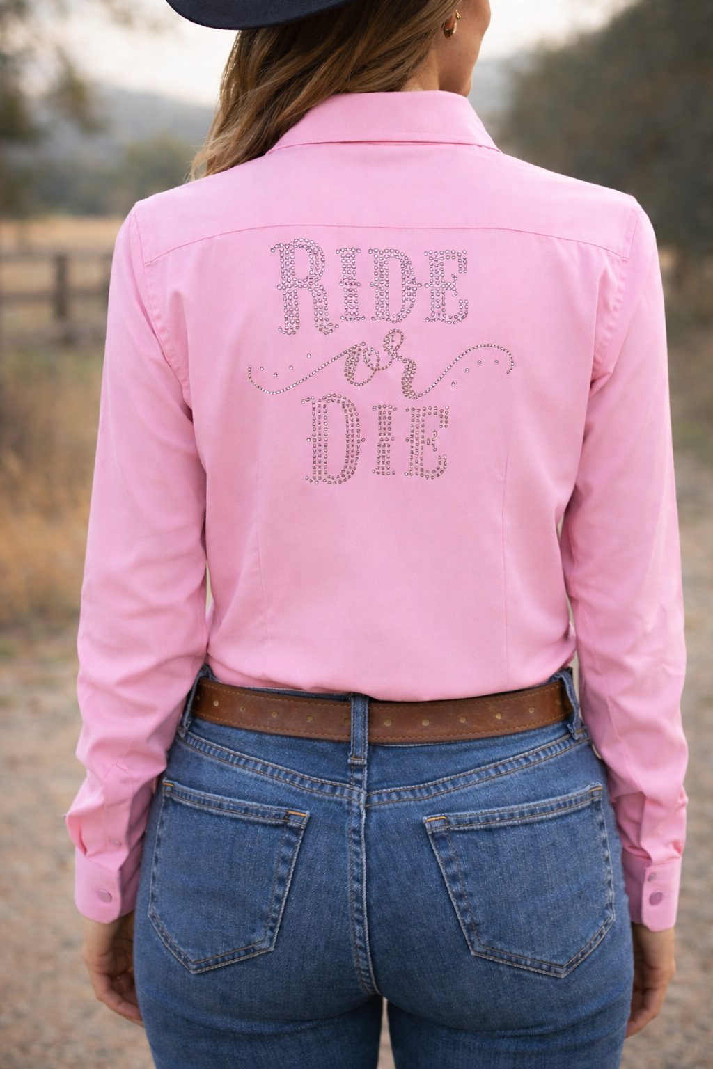 Ride Or Die Rhinestone  Cotton Blend Button Up Rodeo Shirt -Pink