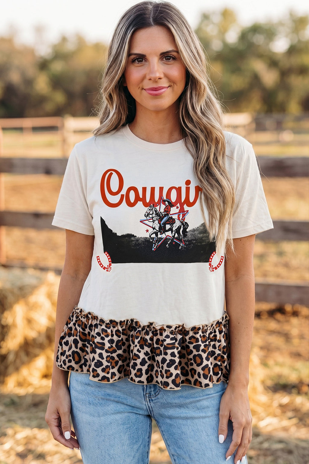 Western Cowgirl Leopard Patchwork Ruffle Hem T-Shirt
