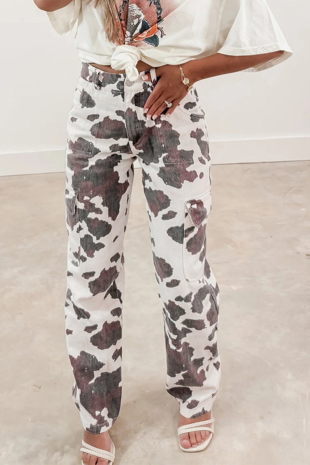 Western Cow Spot Cargo Pocket Straight Leg Jeans