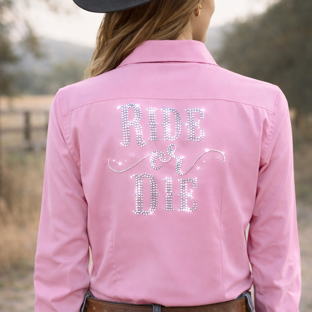 Ride Or Die Rhinestone  Cotton Blend Button Up Rodeo Shirt -Pink