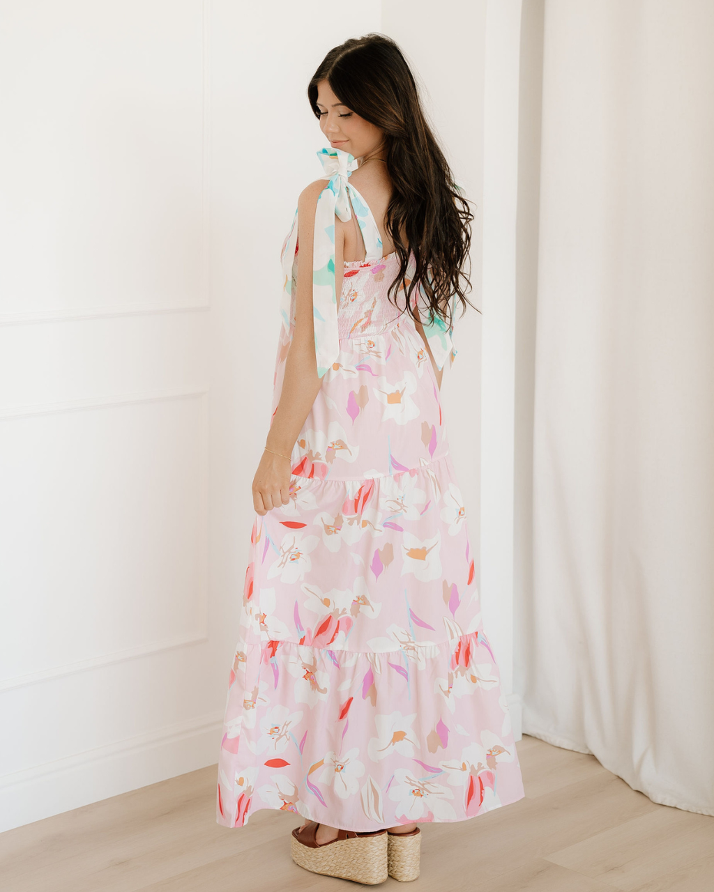 Sunshine Floral Print Knotted Shoulder Smocked Maxi Dress
