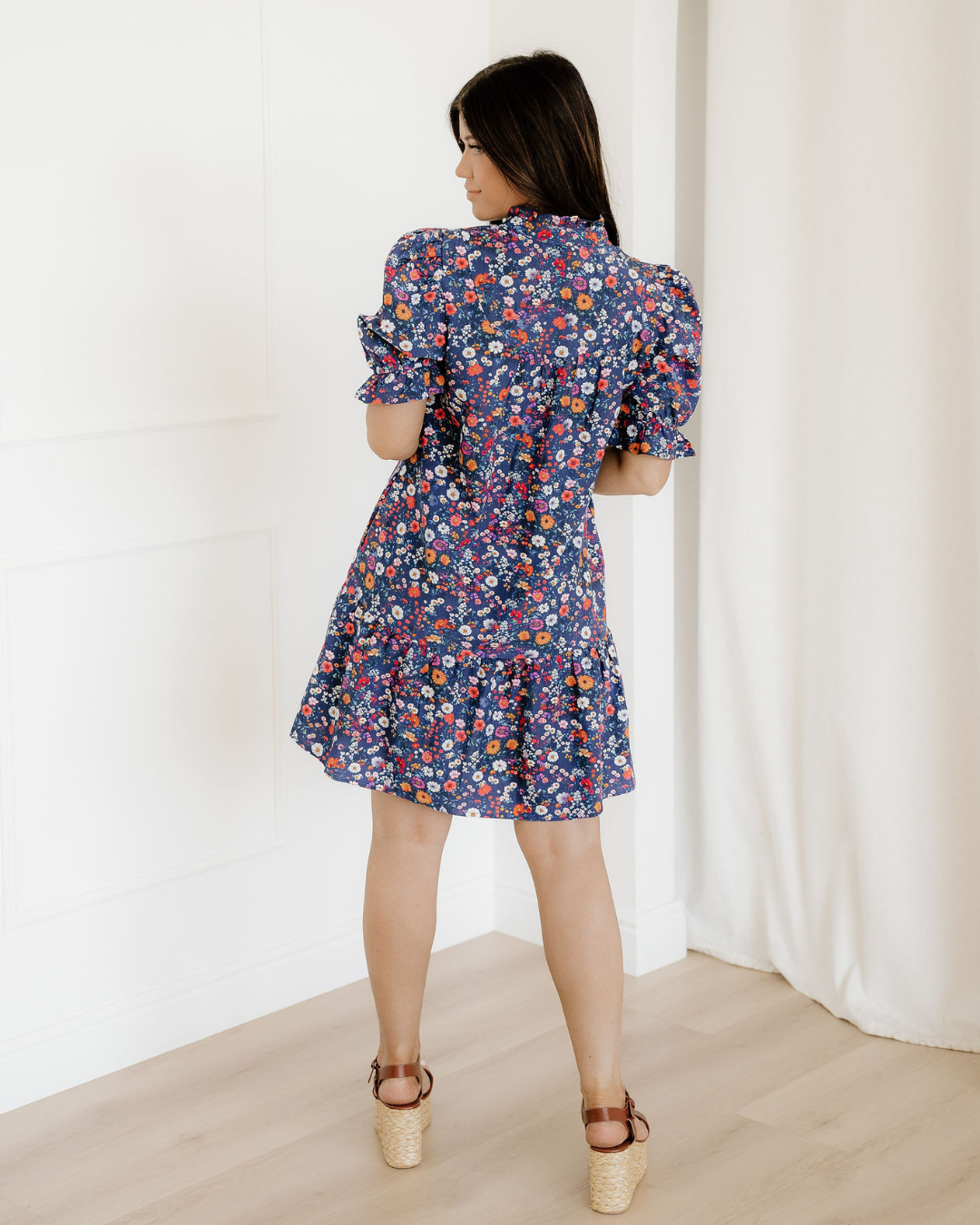 Serena Wild Daisy Floral Split Neck Short Puff Sleeve Mini Dress