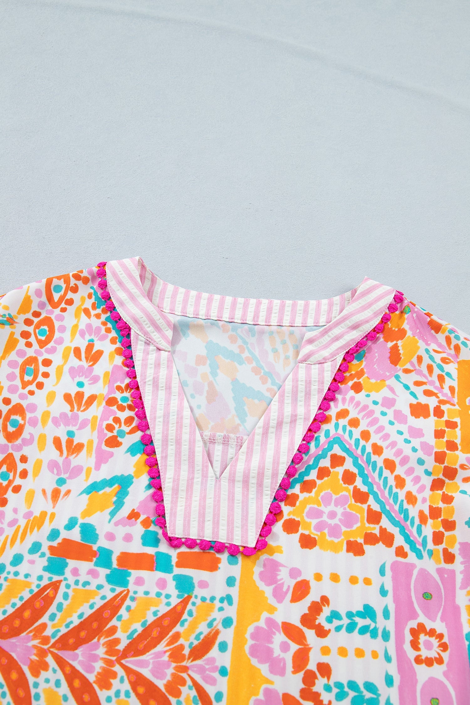 Boho Contrast Trim Patchwork Tiered Short Sleeve Blouse