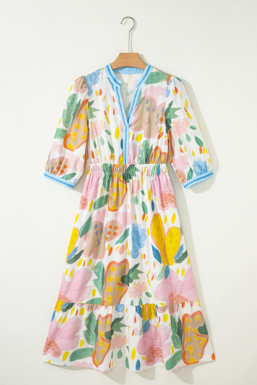 Floral Stripe Trim V-Neck Midi Dress