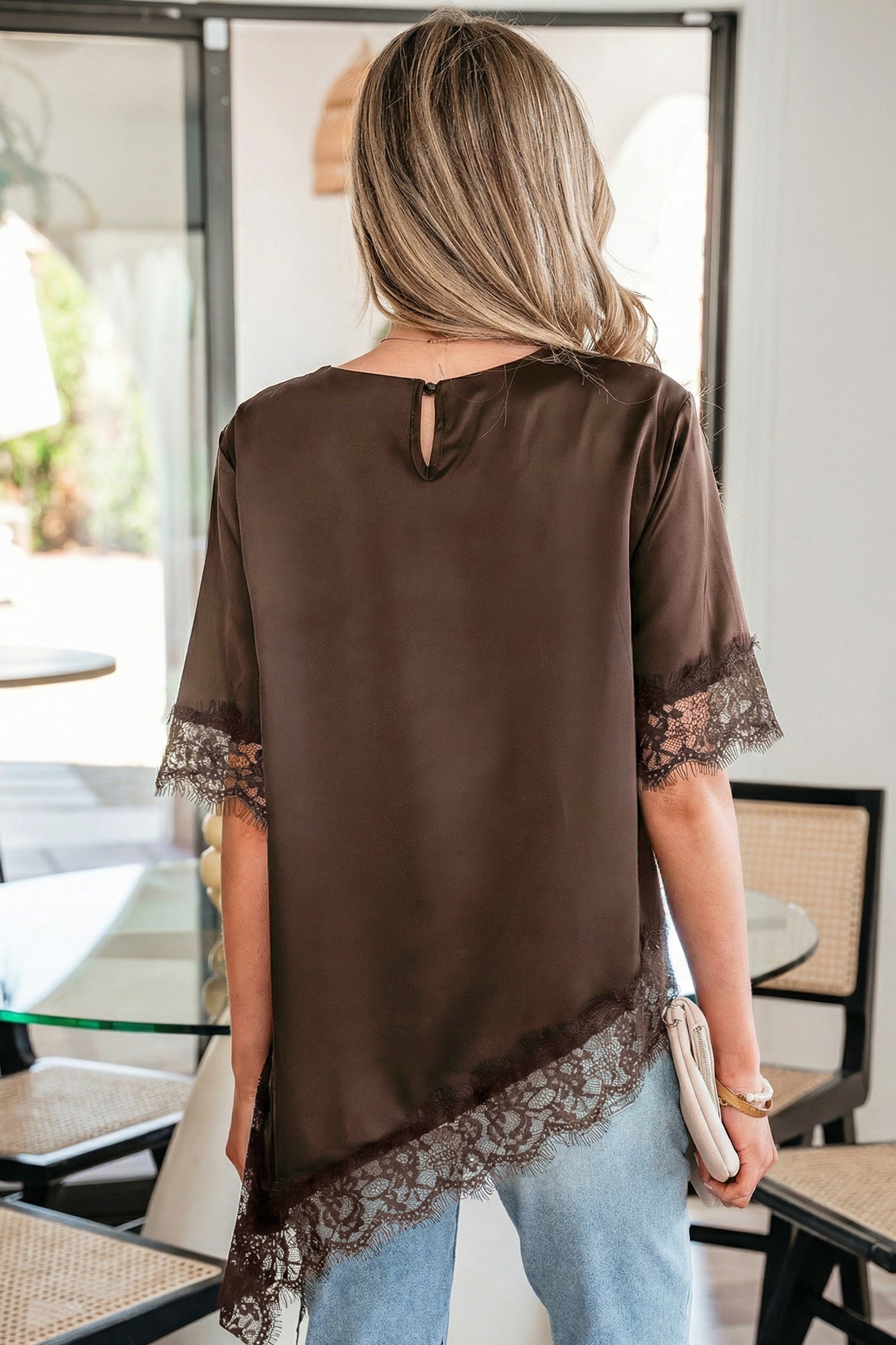 Asymmetric Lace Trim Satin Short Sleeve Top
