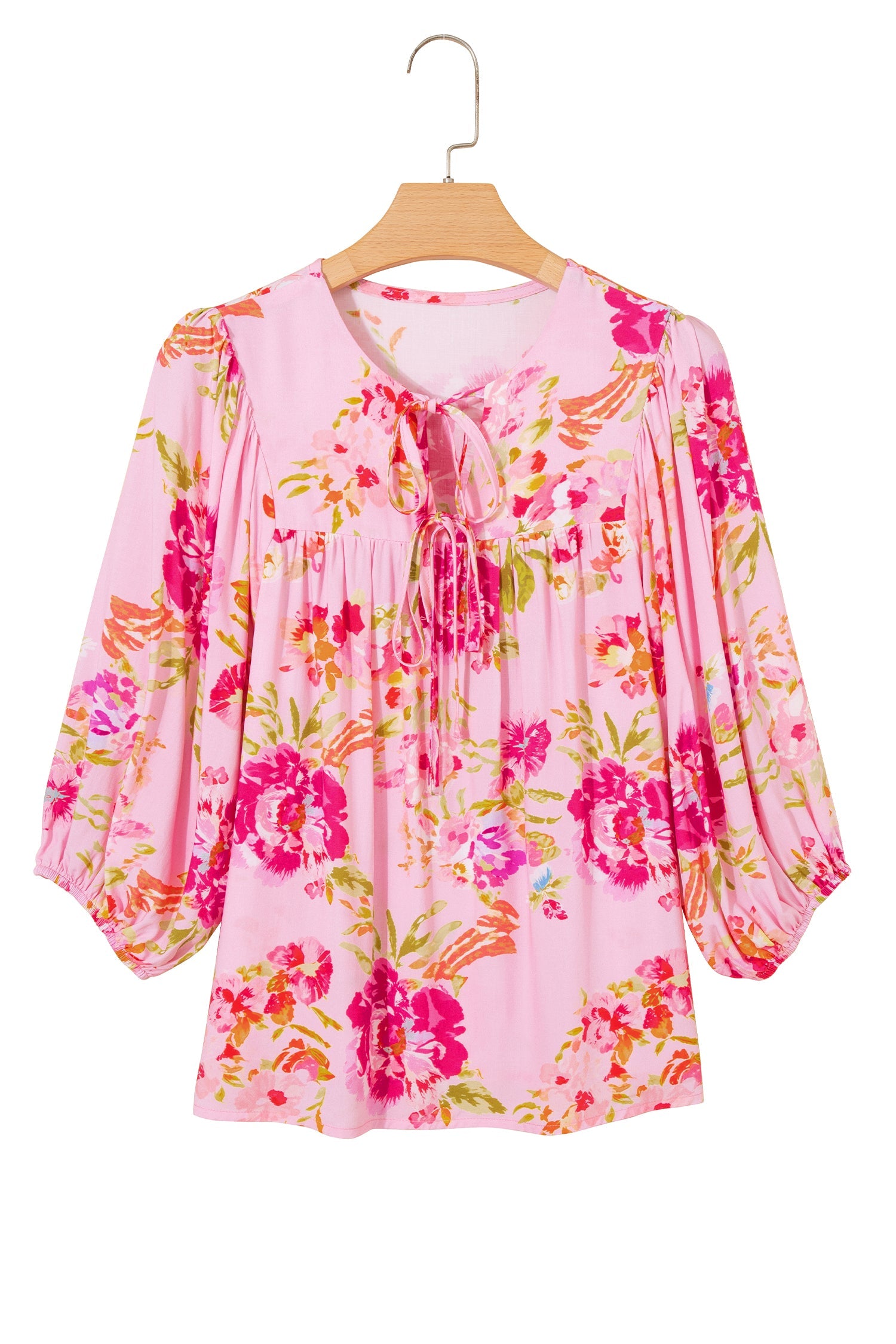 Floral Tie Neck 3/4 Puff Sleeve Blouse