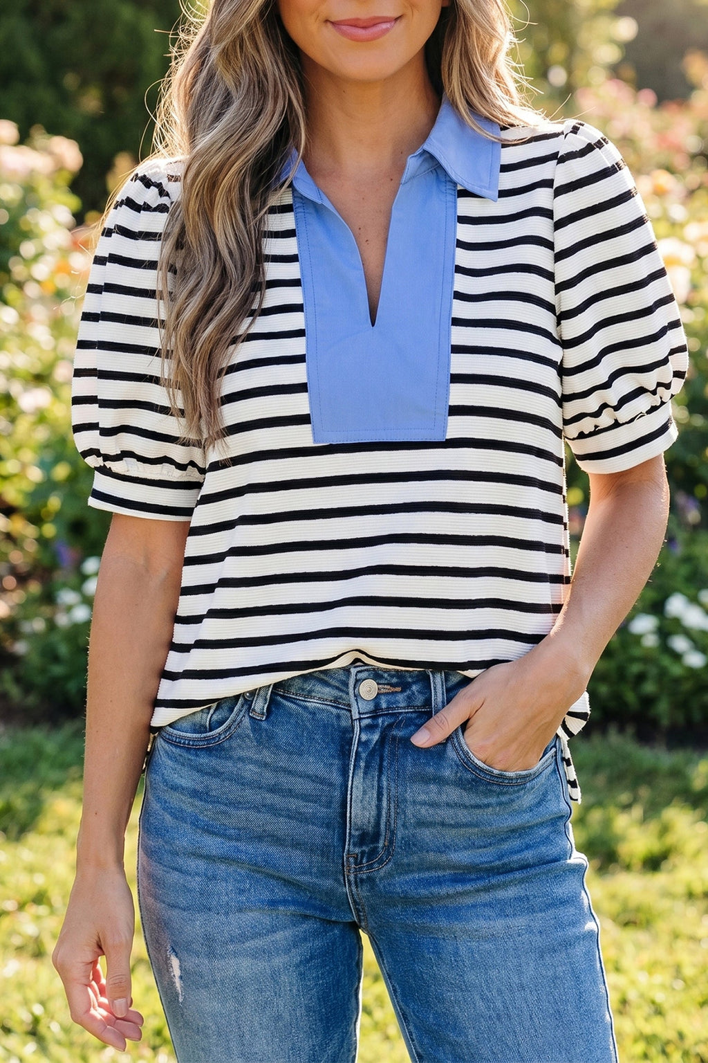 Stripe Colorblock Puff Sleeve Polo Collar Blouse