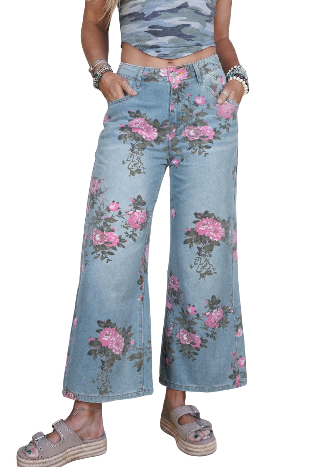 Floral Denim Wide Leg Jeans