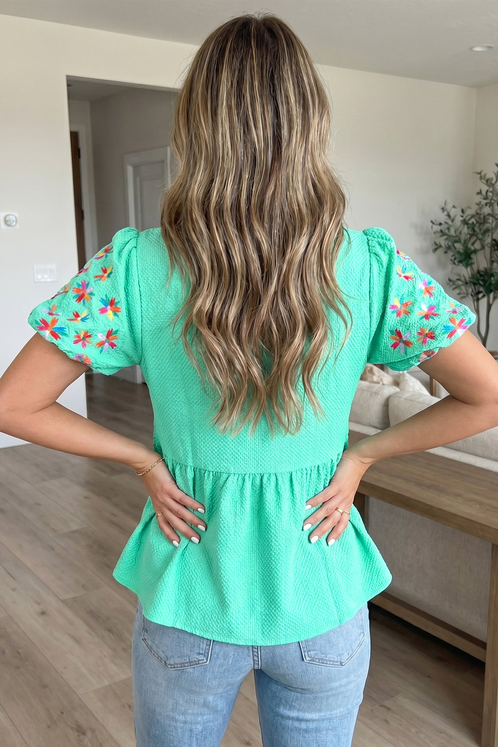 Flower Embroidered Puff Sleeve Frilled V-Neck Blouse