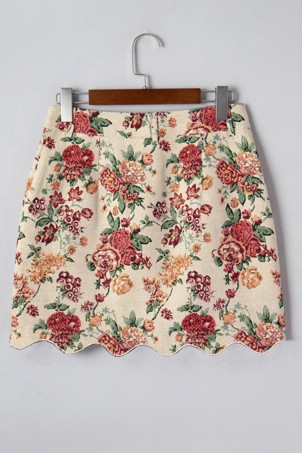 Buttoned Front Floral Scalloped Trim Mini Jacquard Floral Skirt