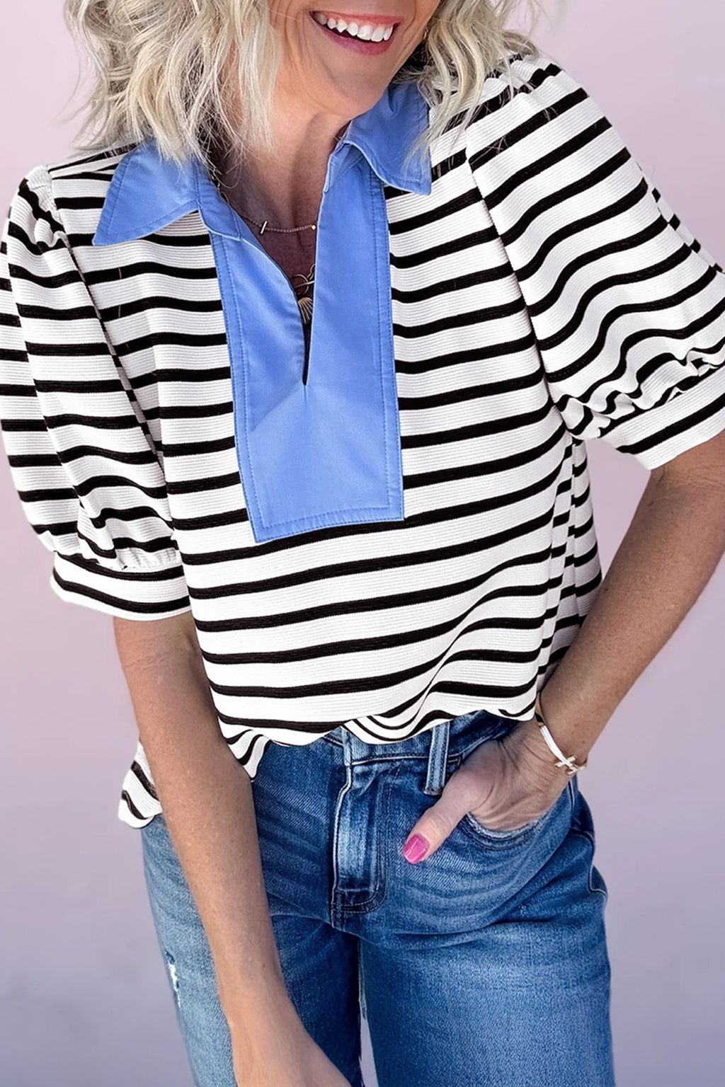 Stripe Colorblock Puff Sleeve Polo Collar Blouse
