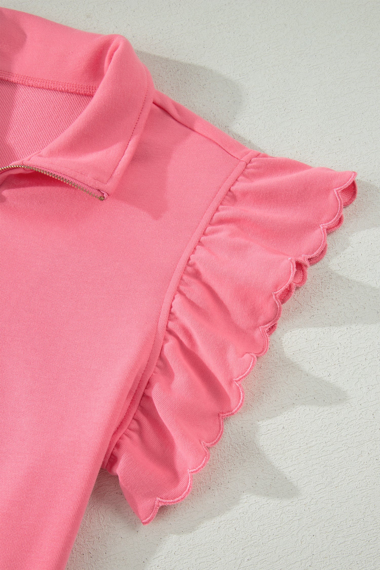 Solid Scalloped Ruffle Half Zip Top & Short Set