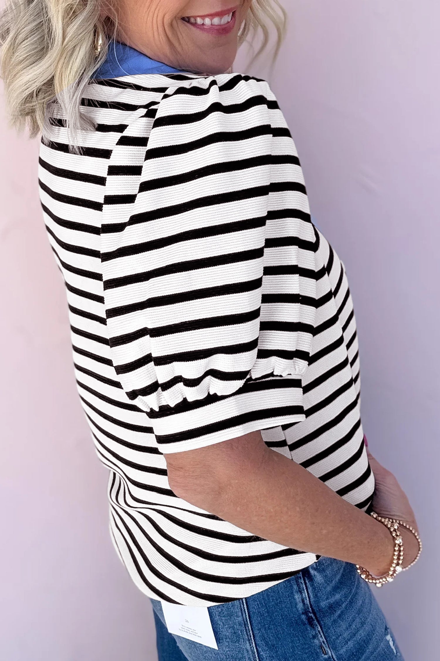 Stripe Colorblock Puff Sleeve Polo Collar Blouse