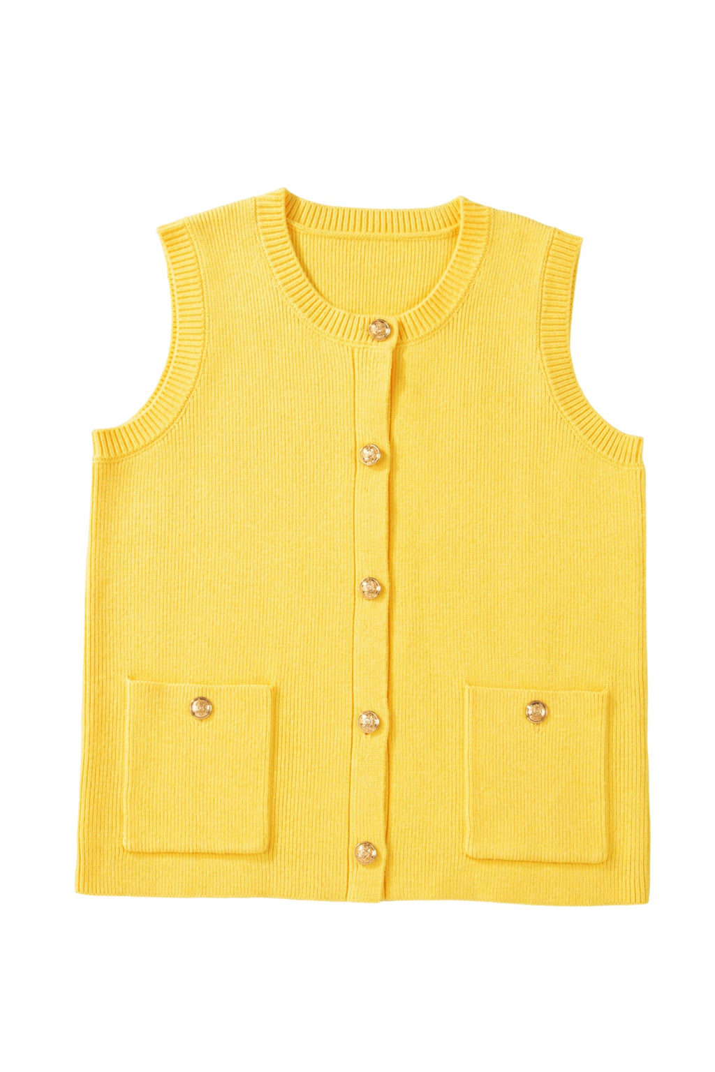 Solid Knit Sleeveless Button Front Pocketed Sweater