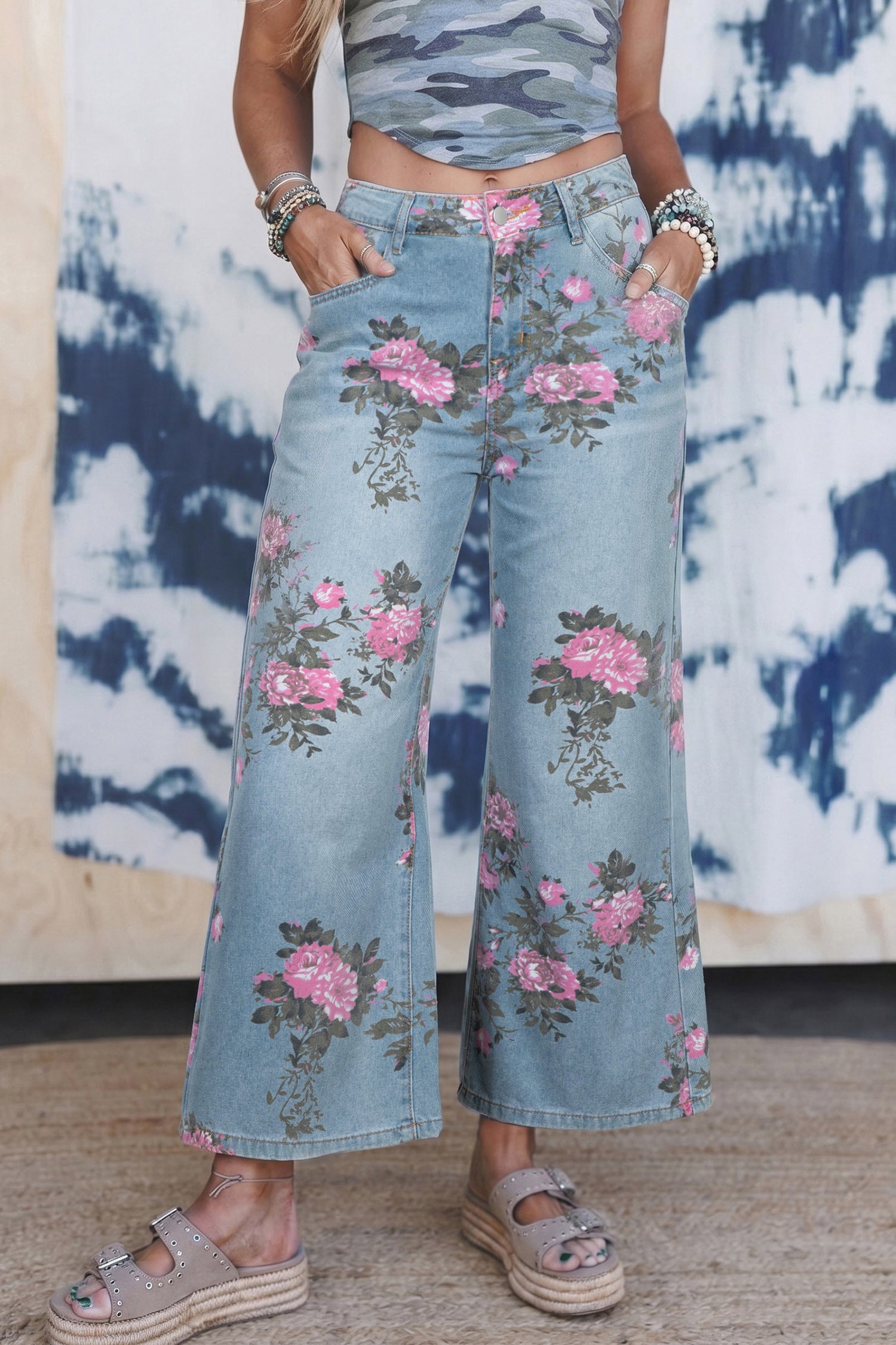 Floral Denim Wide Leg Jeans