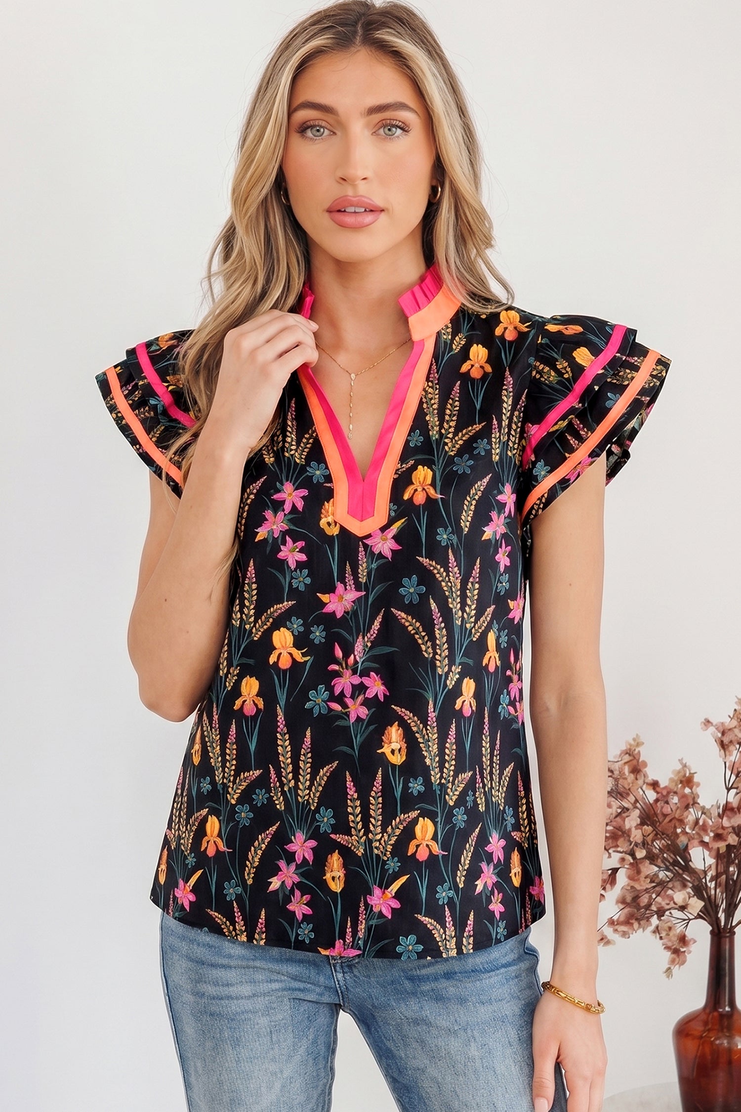 Floral Contrast Trim Tiered Ruffle Short Sleeve Blouse