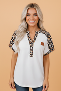 Leopard Patchwork Half Buttoned Short Sleeve Top
