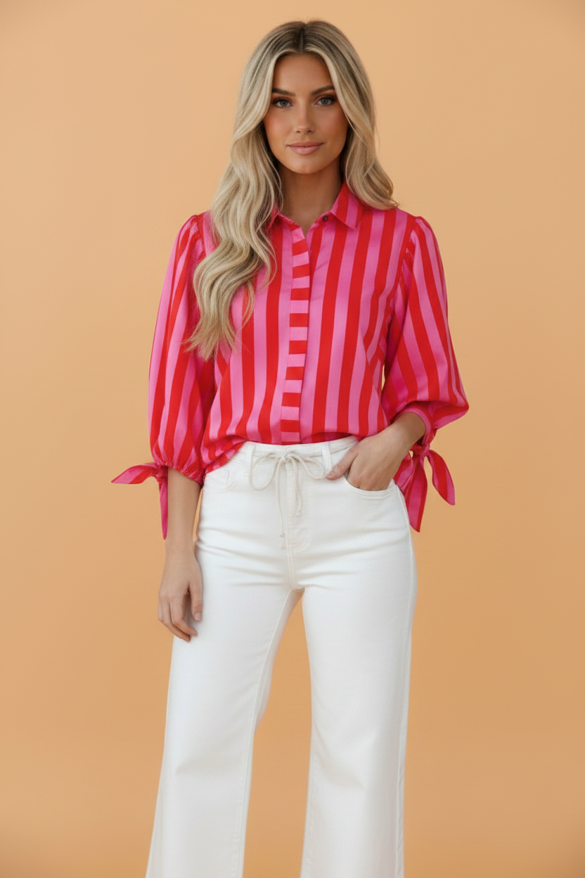 Stripe Tie Puff Sleeve Button Down Shirt