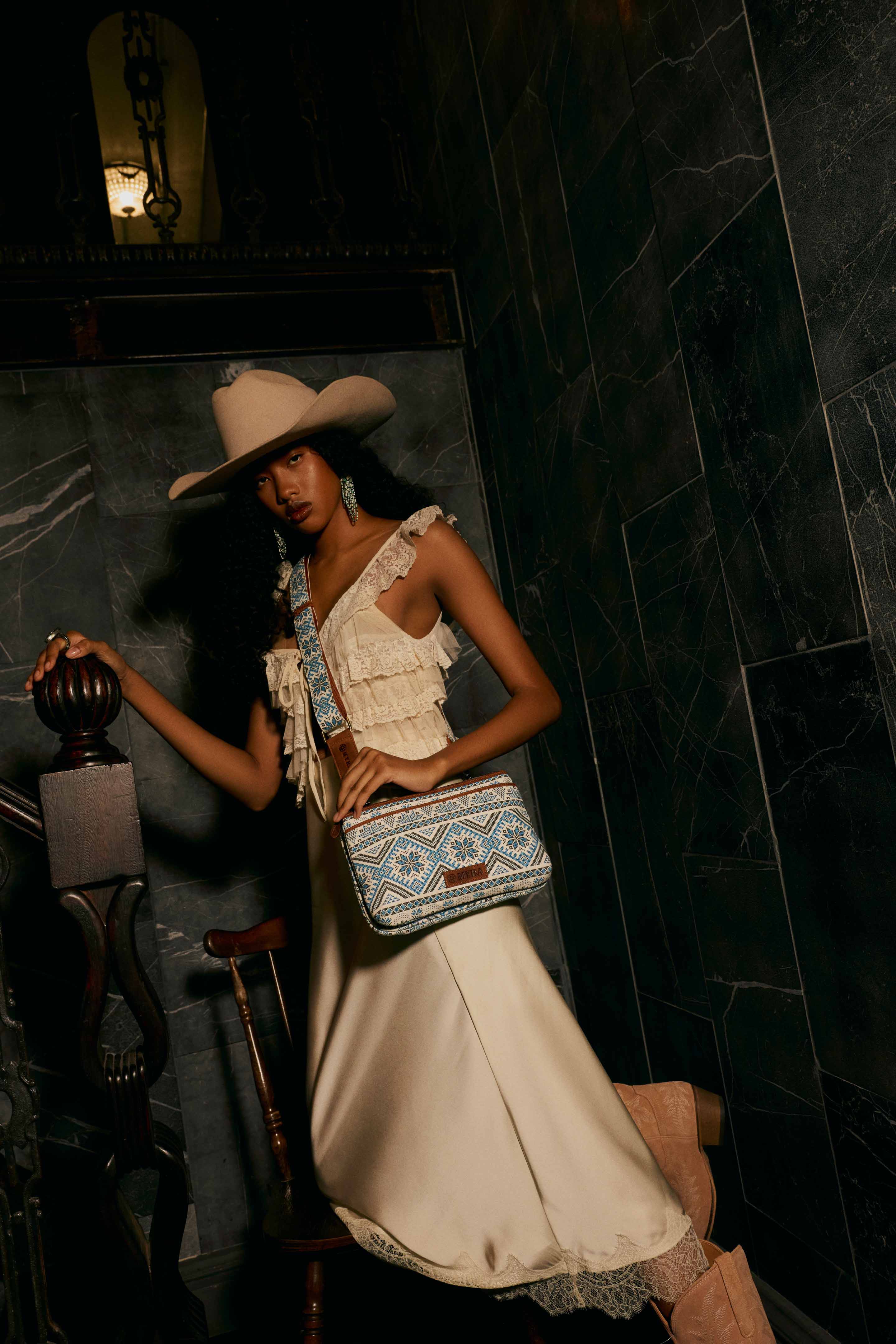 Myra Tribal Hollow Cotton & Leather Crossbody Bag in Indigo Frost