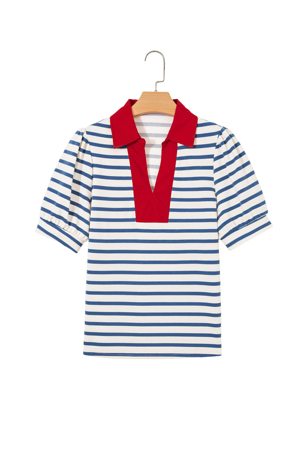 Stripe Colorblock Puff Sleeve Polo Collar Blouse