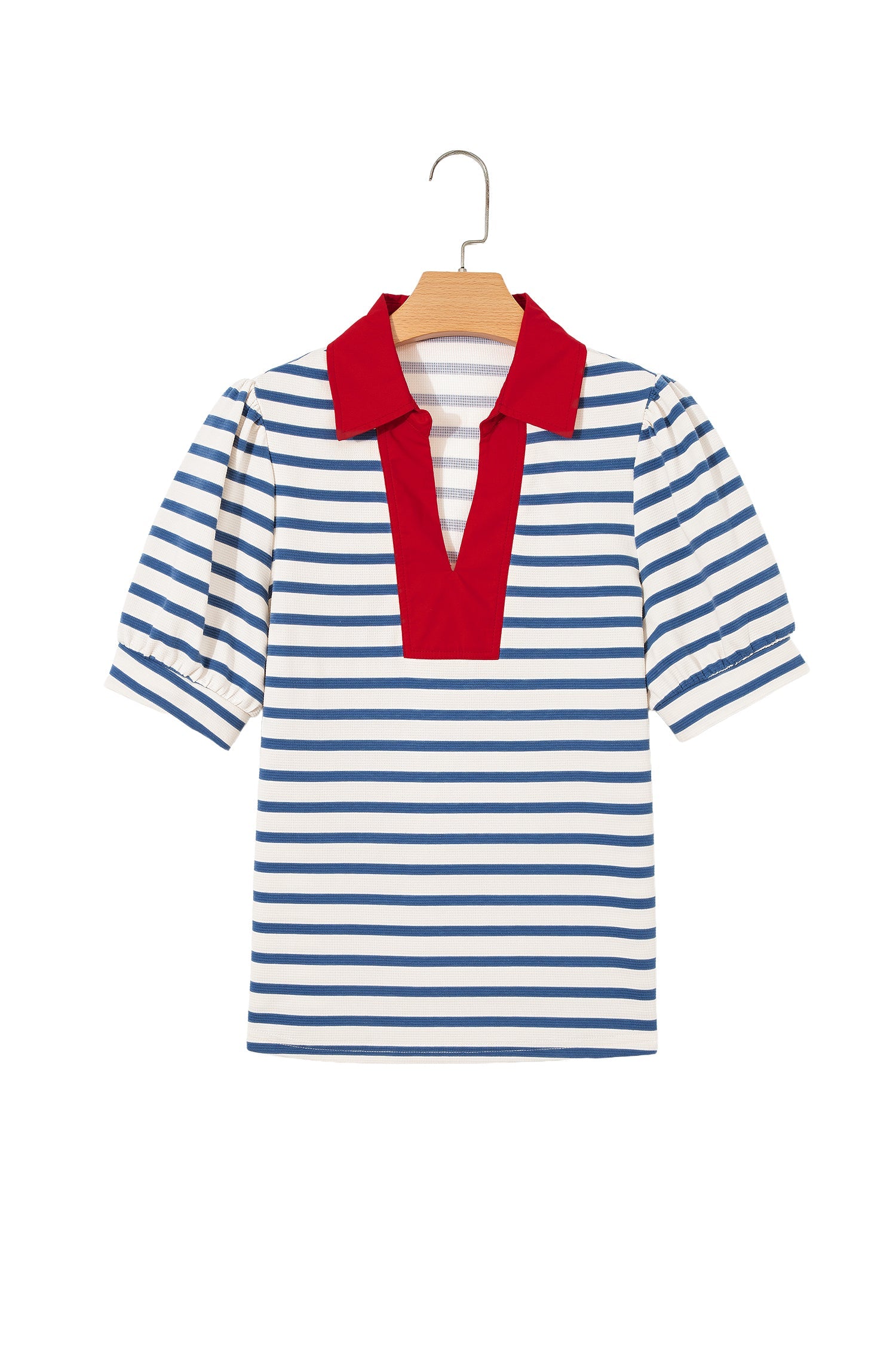 Stripe Colorblock Puff Sleeve Polo Collar Blouse