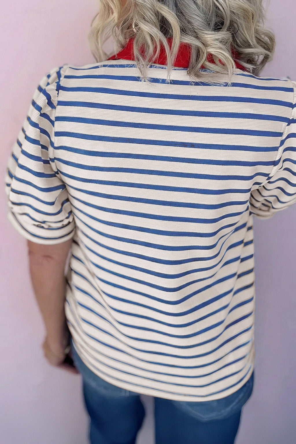 Stripe Colorblock Puff Sleeve Polo Collar Blouse