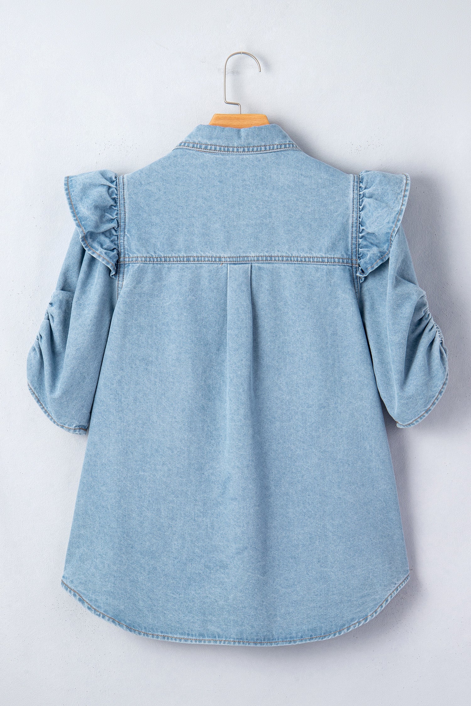 Solid Denim Ruffle Puff Sleeve Buttoned Shirt