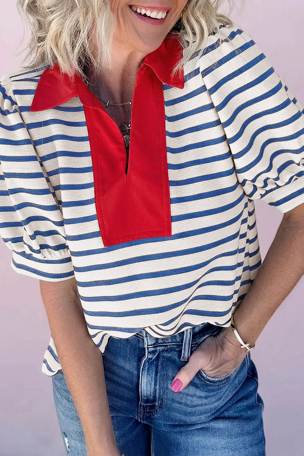 Stripe Colorblock Puff Sleeve Polo Collar Blouse
