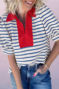 Stripe Colorblock Puff Sleeve Polo Collar Blouse