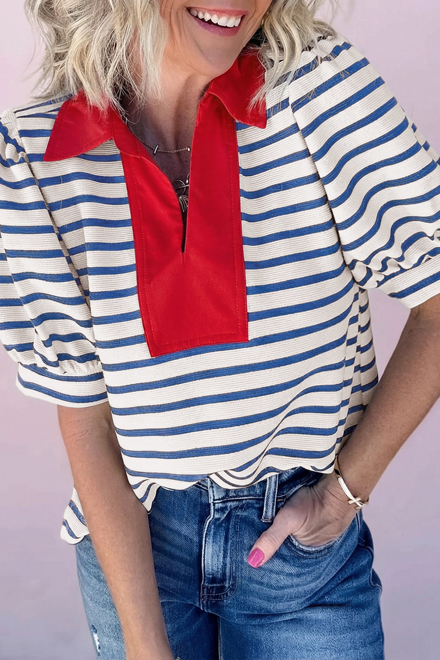 Stripe Colorblock Puff Sleeve Polo Collar Blouse