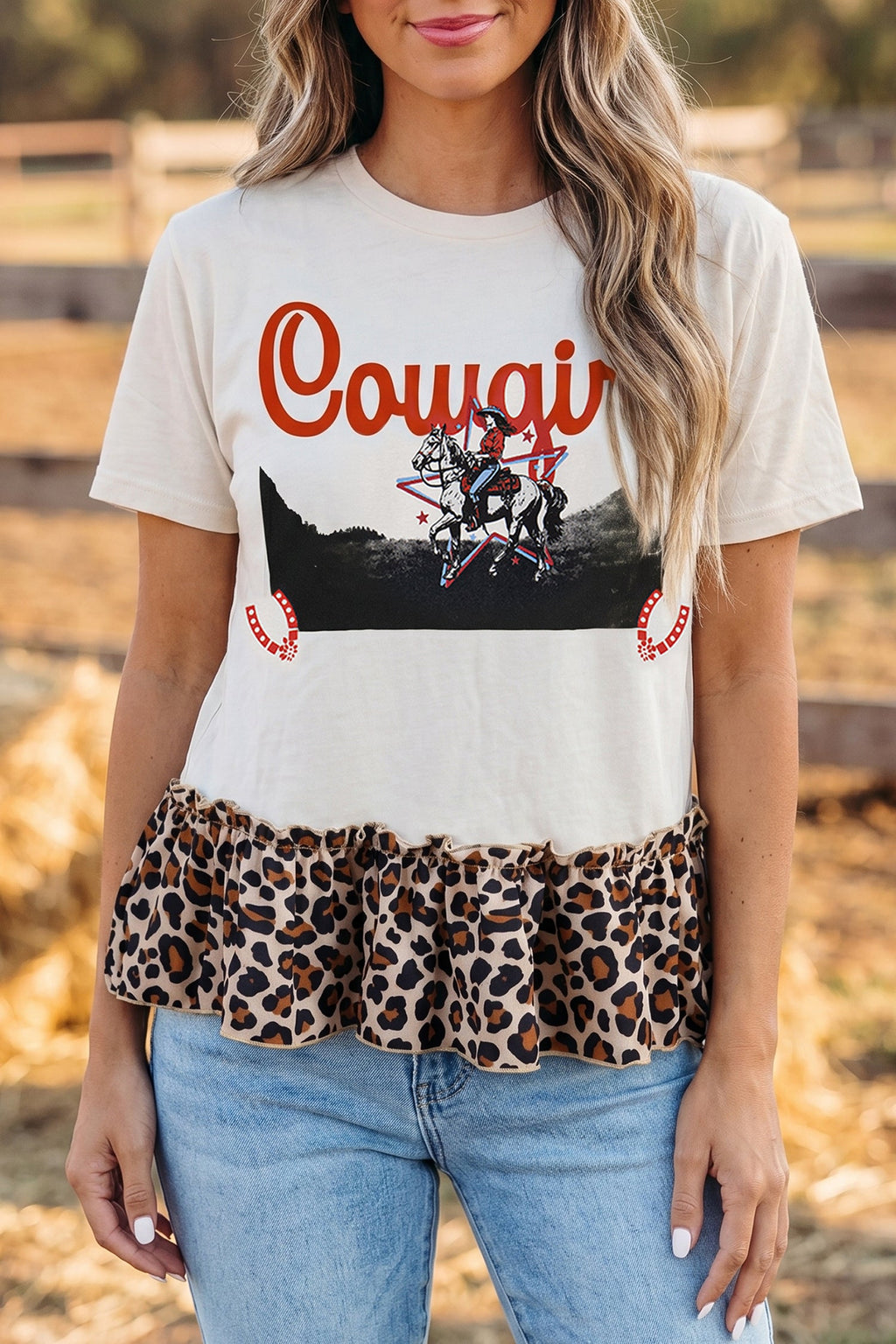 Western Cowgirl Leopard Patchwork Ruffle Hem T-Shirt