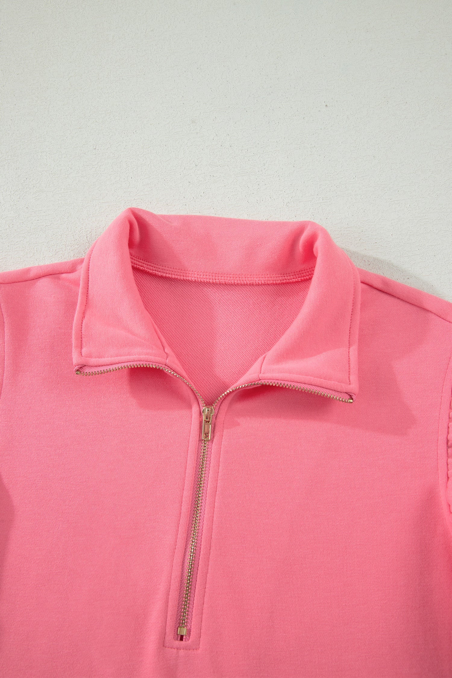 Solid Scalloped Ruffle Half Zip Top & Short Set