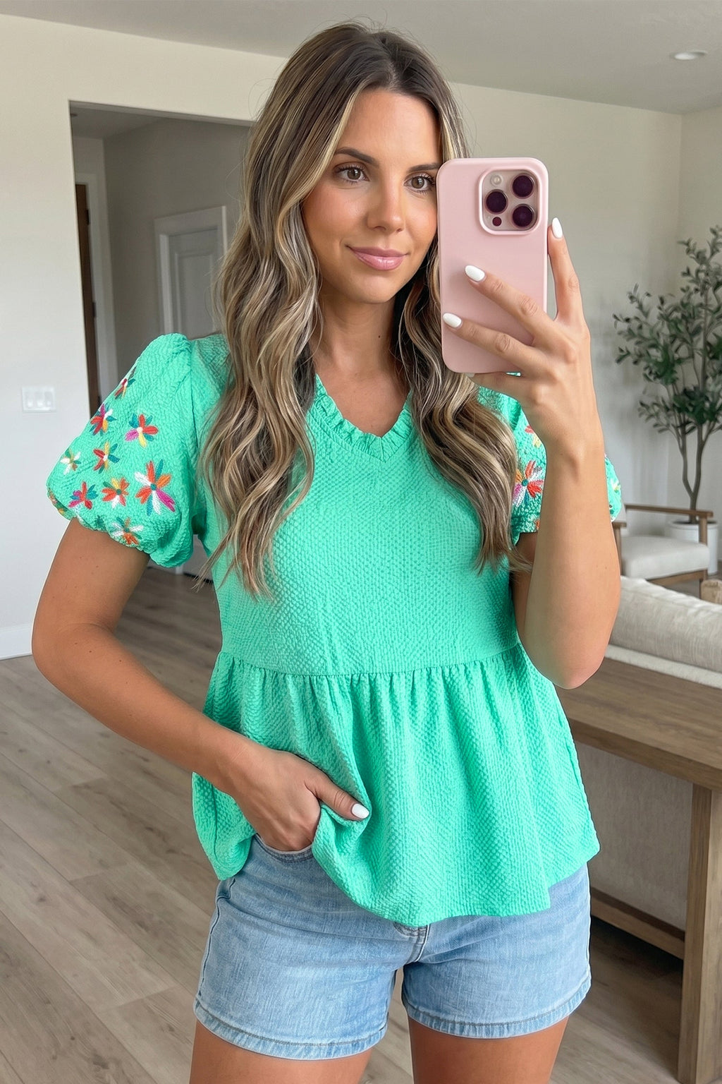 Flower Embroidered Puff Sleeve Frilled V-Neck Blouse