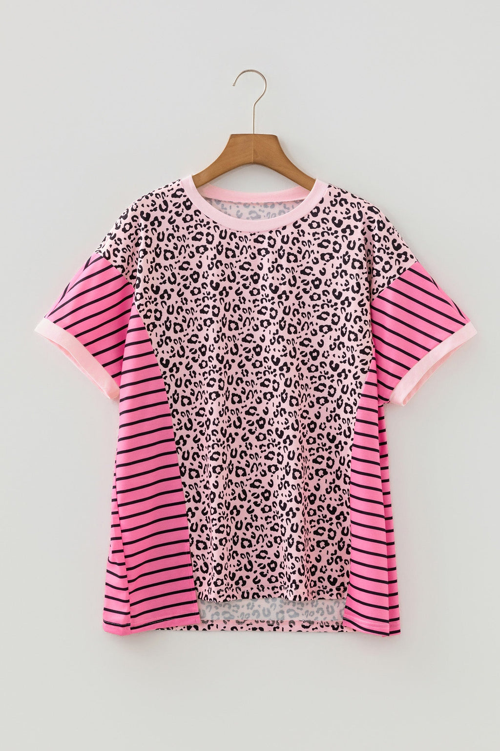 Plus Size Leopard Stripe Contrast Patchwork Tee