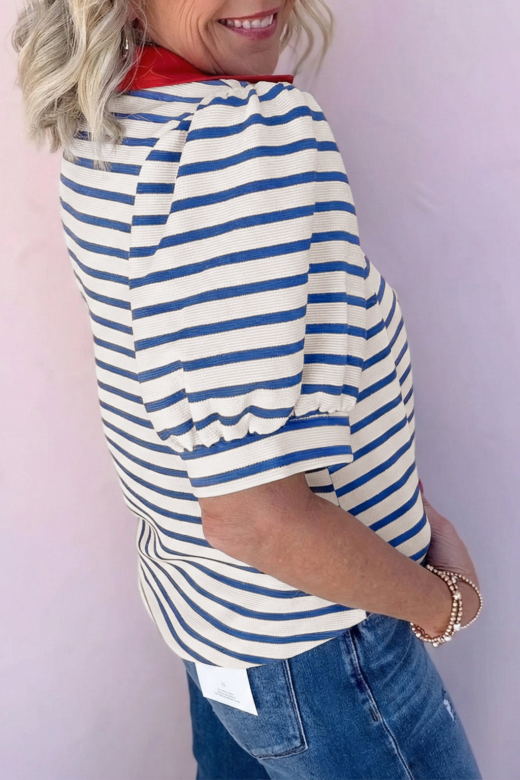 Stripe Colorblock Puff Sleeve Polo Collar Blouse