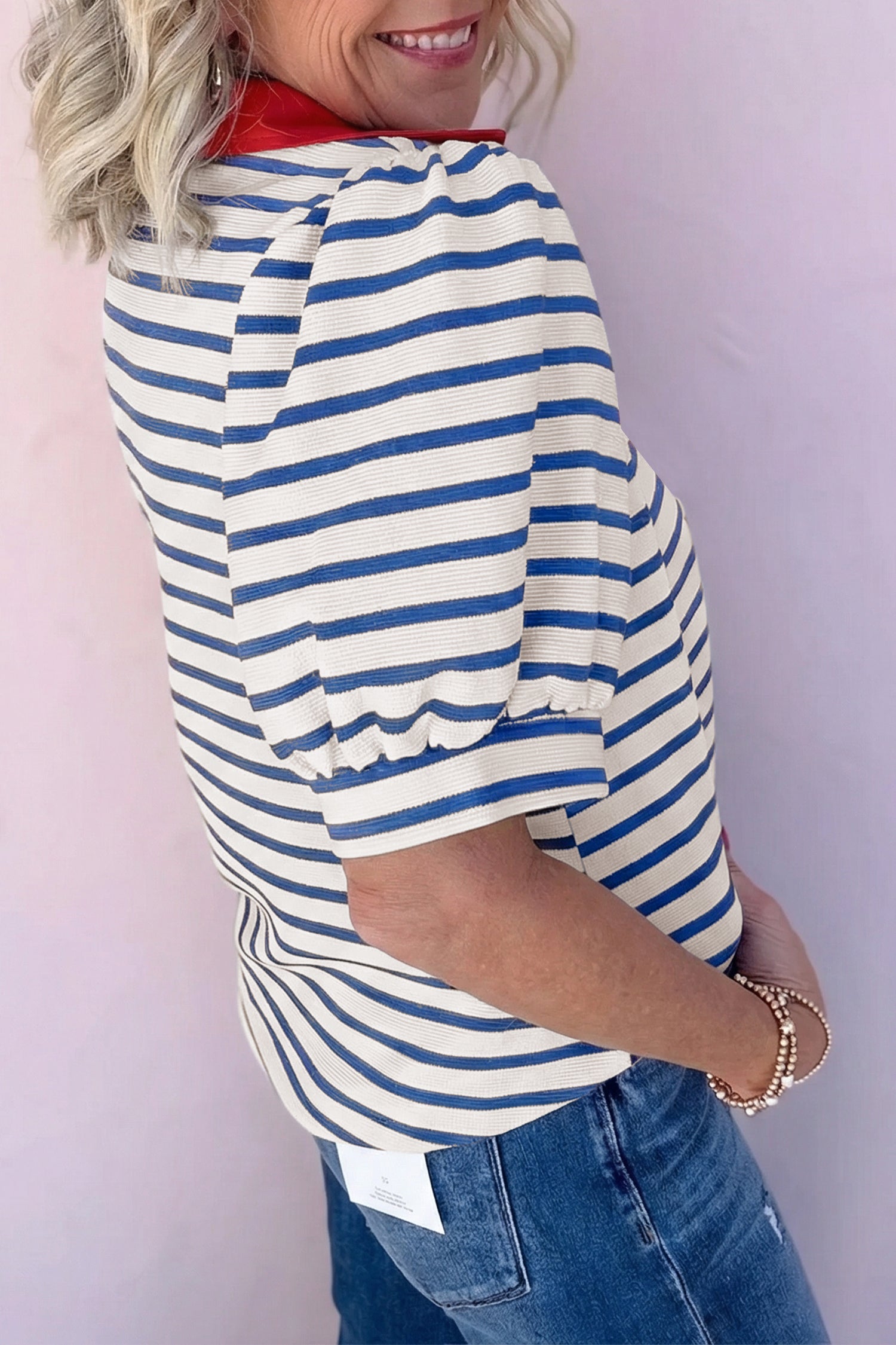 Stripe Colorblock Puff Sleeve Polo Collar Blouse