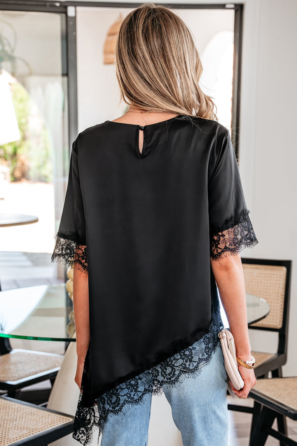 Asymmetric Lace Trim Satin Short Sleeve Top