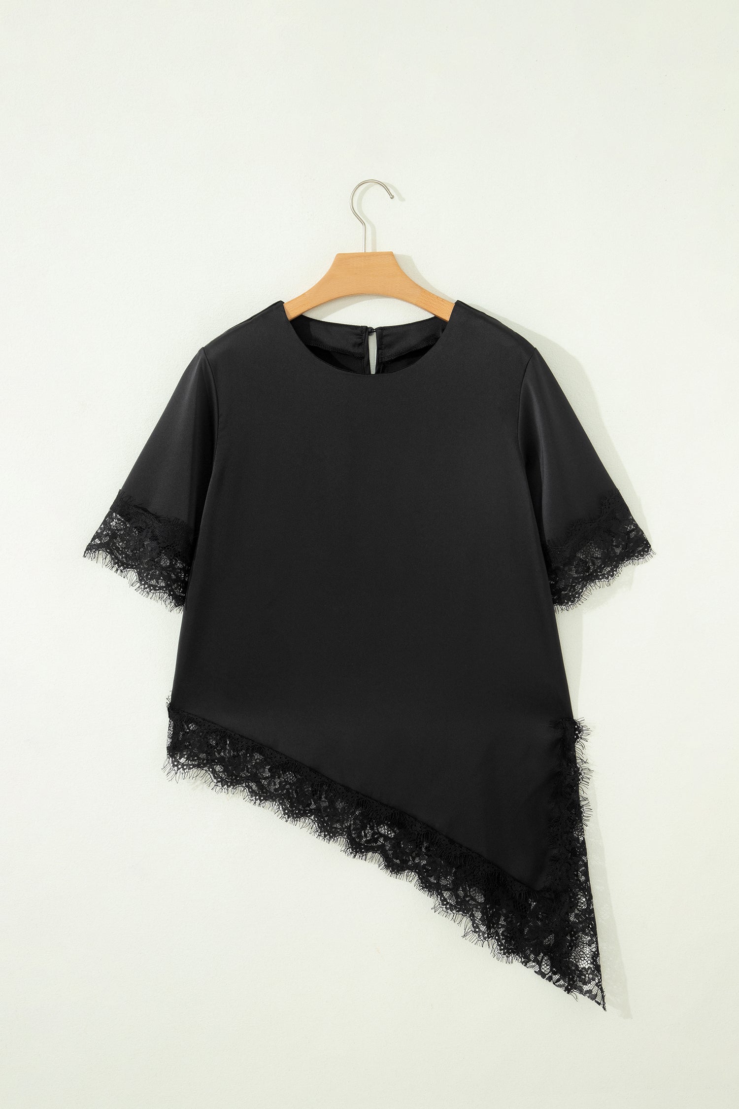 Asymmetric Lace Trim Satin Short Sleeve Top